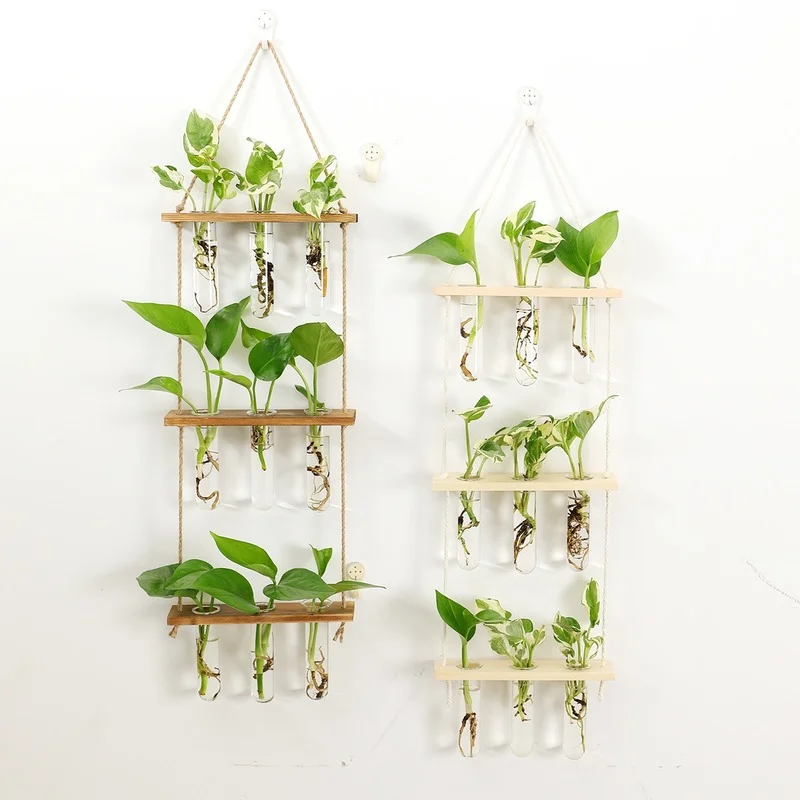 Macetero de vidrio colgante de pared, terrario con soporte de madera para plantas hidrop&oacute;nicas, Mini florero de tubo de ensayo, propagador, decoraci&oacute;n de jard&iacute;n y oficina en casa-0