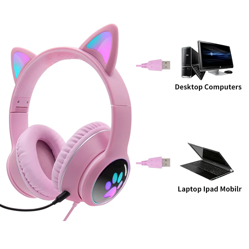 

7.1 Stereo USB Cat Ear Gaming Headset Girl Cute Headphone One key mute Headset With Independent Dual Microphone Auriculares Gift