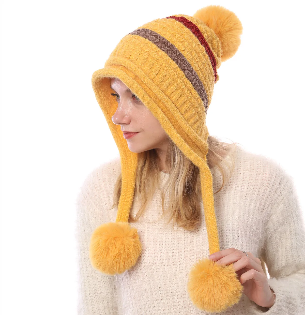 Новая зимняя плюшевая теплая трикотажная шапка с 3 мячиками синель мягкие