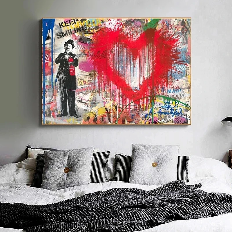 Рисунок Бэнкси граффити красное сердце холст постеры и принты уличная Настенная