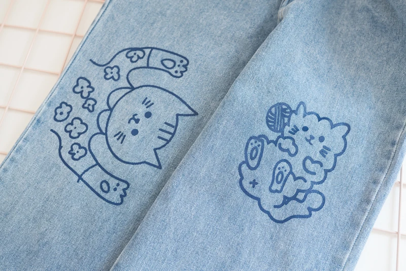 Женские джинсы с принтом животных прямые светильник голубые брюки кошками и