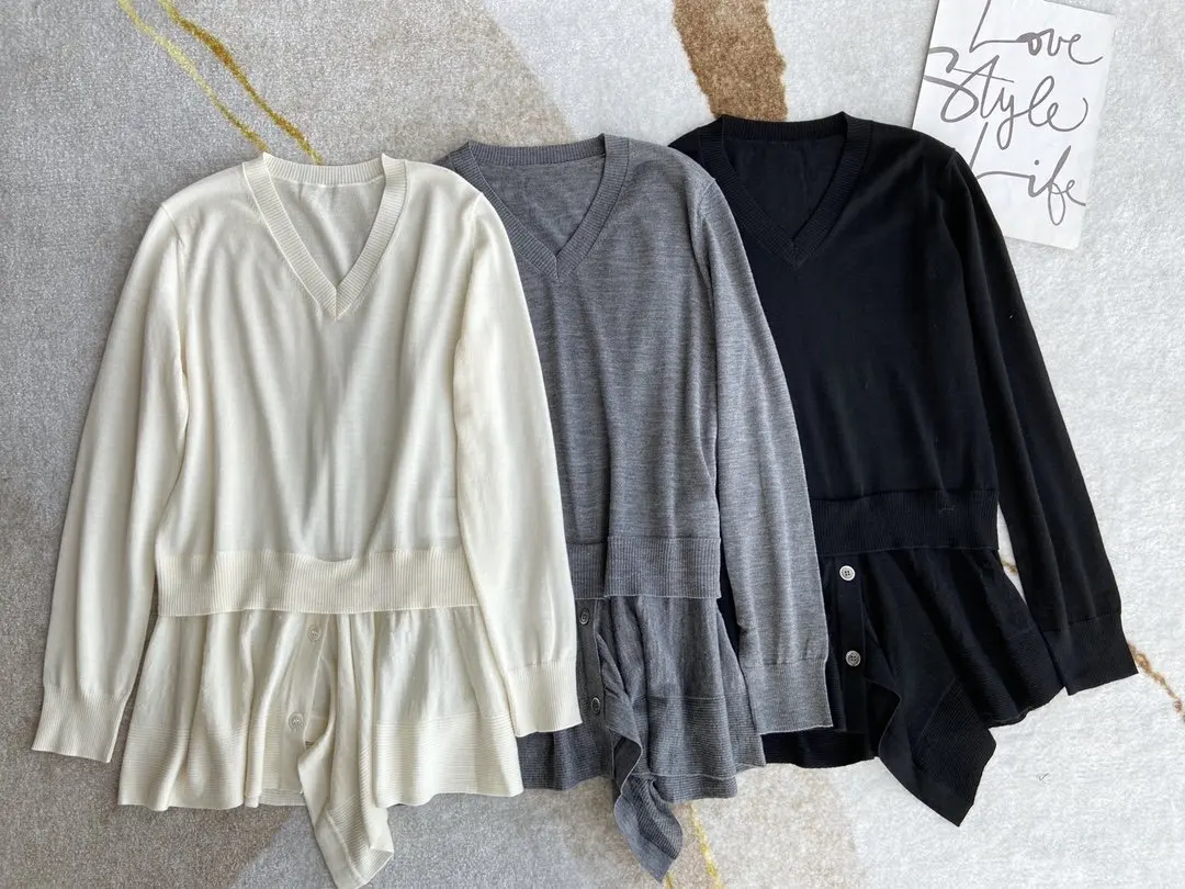 

new ladies fashion 2021 long sleeve sexy fake two piece v-neck sweater 1211