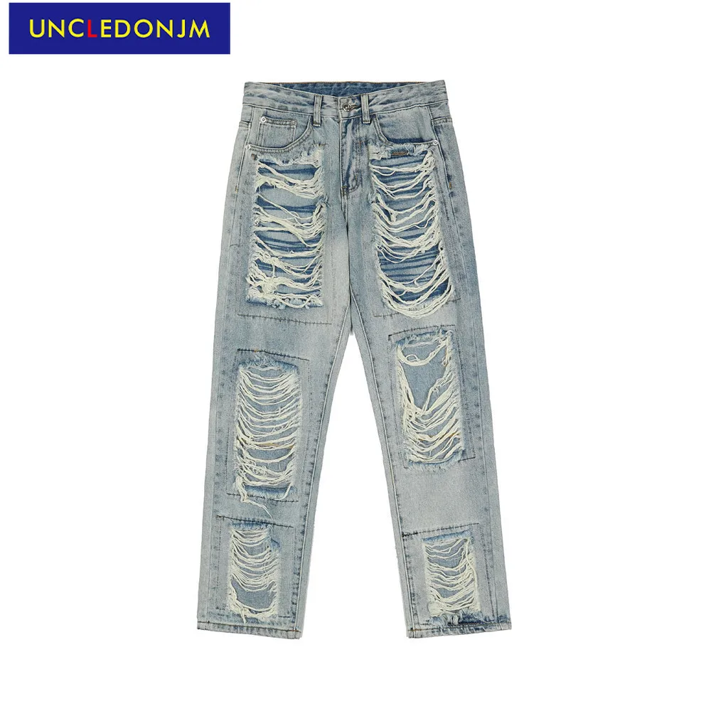 

UNCLEDONJM patchwork distressed Jeans korean fashion hip hop baggy jeans High Street ripped jeans for men 3183