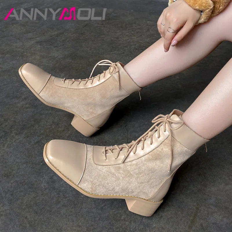 

ANNYMOLI Genuine Leather Mid Heel Short Boots Women Shoes Zip Cross Tied Ankle Boots Square Toe Chunky Heels Boots Lady Khaki