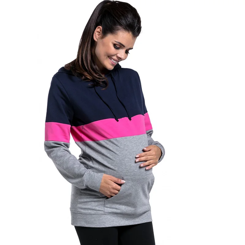 Plus Size Pregnancy Nursing Long Sleeves Maternity Clothes Hooded Breastfeeding Tops Patchwork T-shirt for Pregnant Women