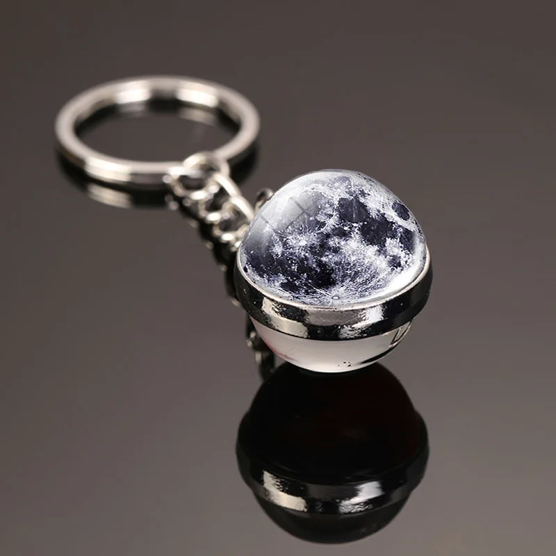 Moon Keychain Cute/Romantic Solar System Art Glass Ball Key Chain Milky Way Mars Double Side Pendant Universe Jewelry Moon Earth