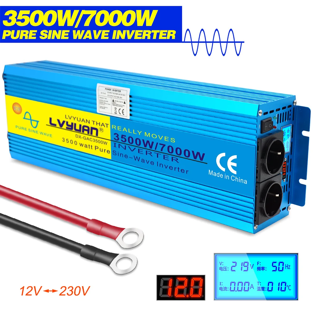 

DC 12V To AC 220V 50Hz/60Hz 6000W/7000W Peak LCD Display 2AC EU Plug Pure Sine Wave Camping Boat Converter Power Inverter