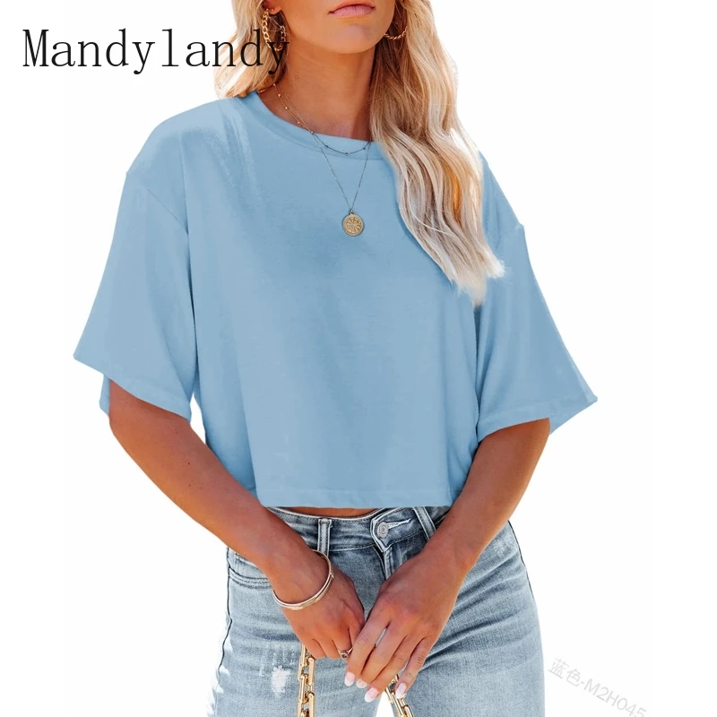 

Mandylandy T-shirt Women's Casual Loose Half Sleeve T-shirt Top Summer Fashion Solid Color O-Neck Pullover T-shirt