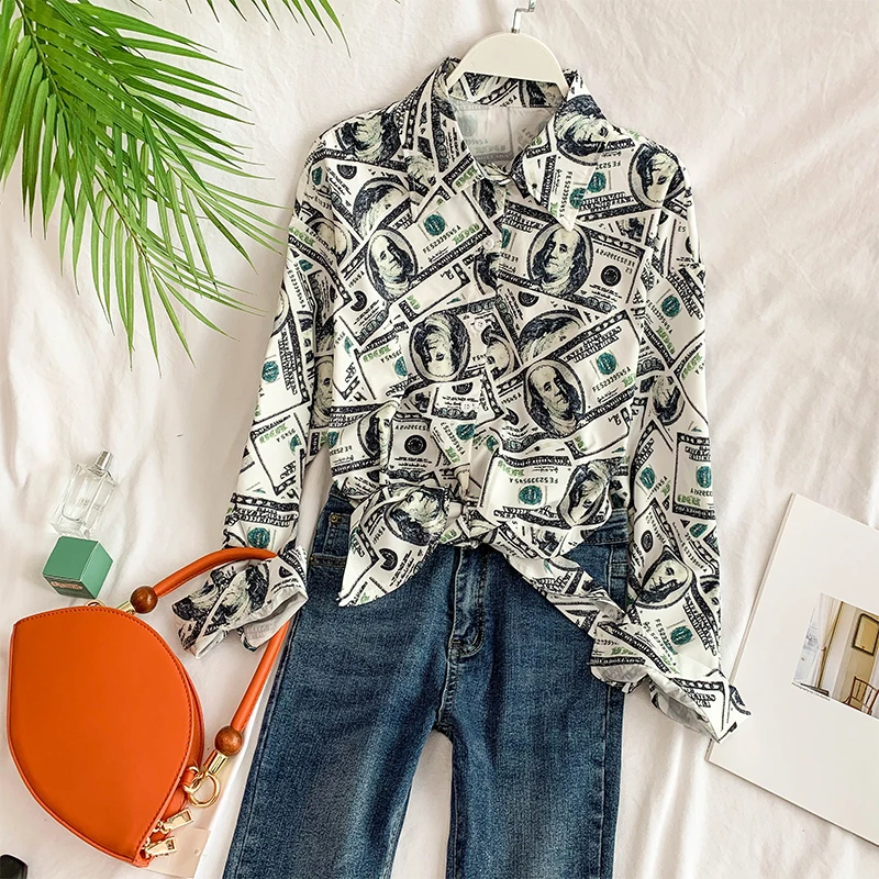 

2020 new fashion women's blouse shirt Retro dollar pattern stand collar long sleeve loose lazy shirt top