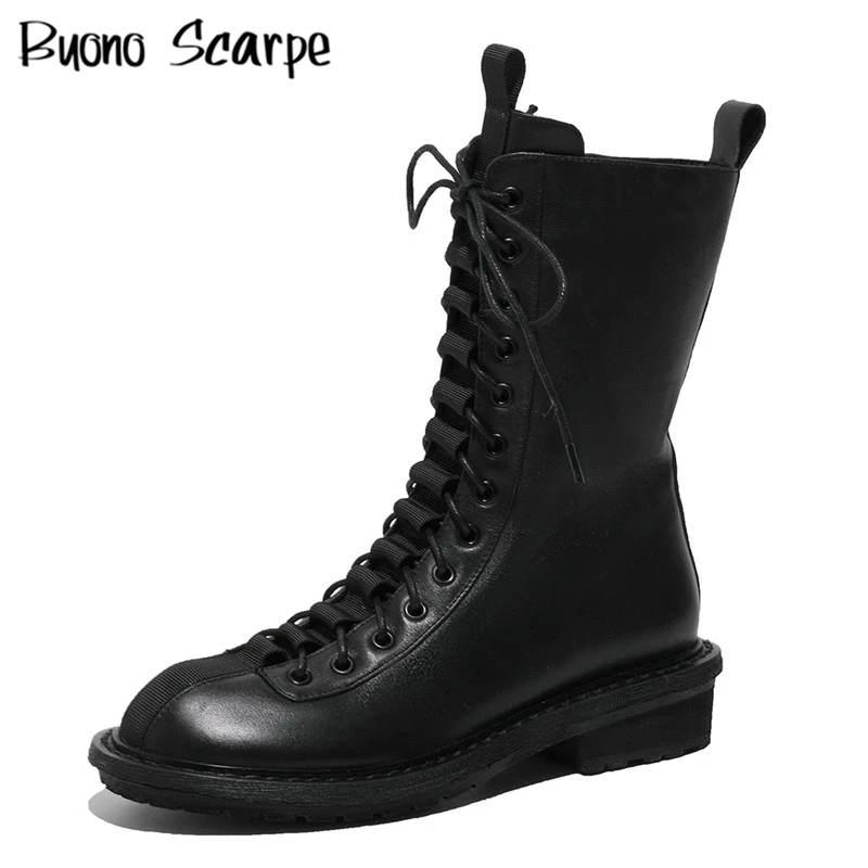 

Cross Tied Genuine Leather Women Army Boots Casual Lace Up Punk Boots Ladies Autumn Winter Ankle Booties New Cool Quality Shoes