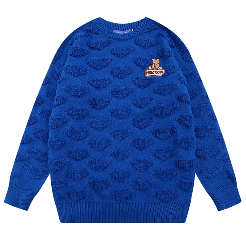 

Men Heart Jacquard Knitting Sweaters 2021 Winter Unisex Oversize Couple Knitwear Women Harajuku O-neck Blue Red Sweater Pullover