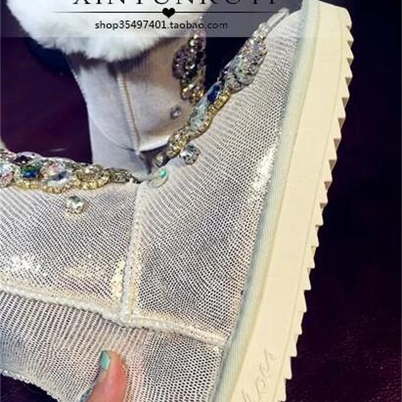 

Original homemade super flash heavy duty rhinestone bead waterproof leather thickening one rabbit fur snow boots