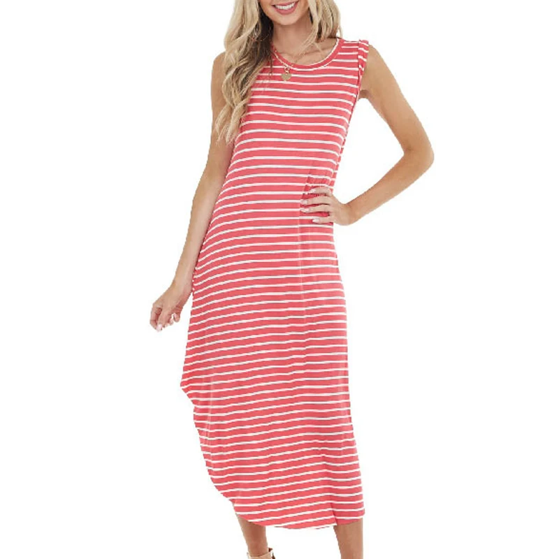 

Sleeveless Striped Summer Dress Woman 2021 Casual High Waist O Neck Loose Dresses for Women Fashion Beach Dress