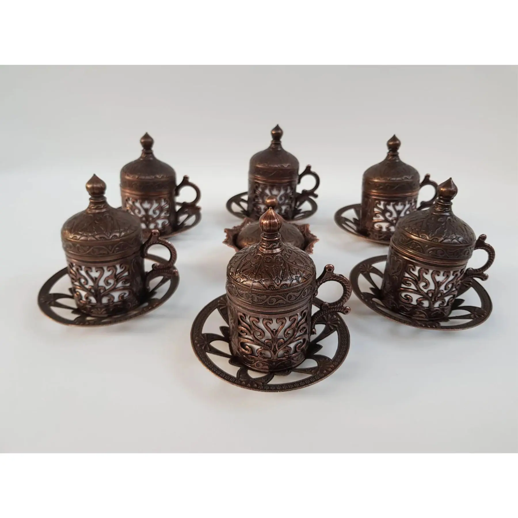 

Handmade authentic Design Turkish Greek Arabic Coffee Espresso Set for 6 Service, Cups Saucers Lids Tray Delight Candy Dish GIFT