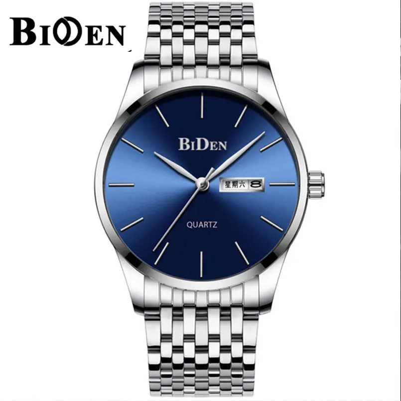 BIDEN Brand Luxury Men Quartz Watch Stainless Steel Business Simple Watches Calendar Week Wristwatch For Male relogio masculino