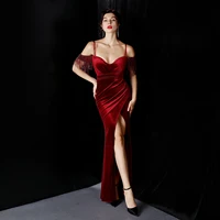 red women velvet long dress 2022 beading tassel sexy high slit off shoulder sling mermaid evening dresses gowns for party events