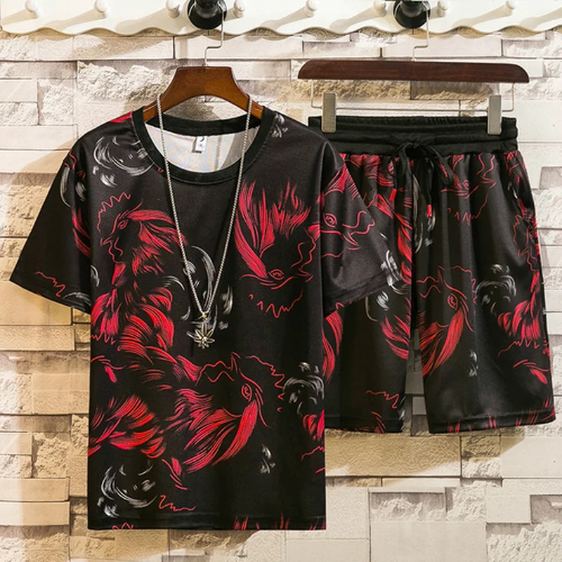 

New Mens Sets Fashion Tracksuit Men Print O Neck Beach Shorts Tee Male Elastic Waist Jogger Set Shorts + Short Sleeve Tshirt