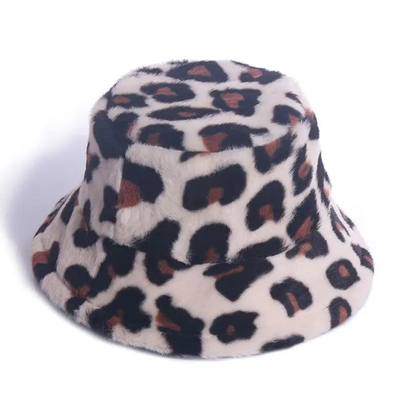 2021 New Korean Winter Vintage Leopard Plush Bucket Hat Women Warm Faux Fur Bucket Cap Japanese Sweet Cute Fisherman Hat