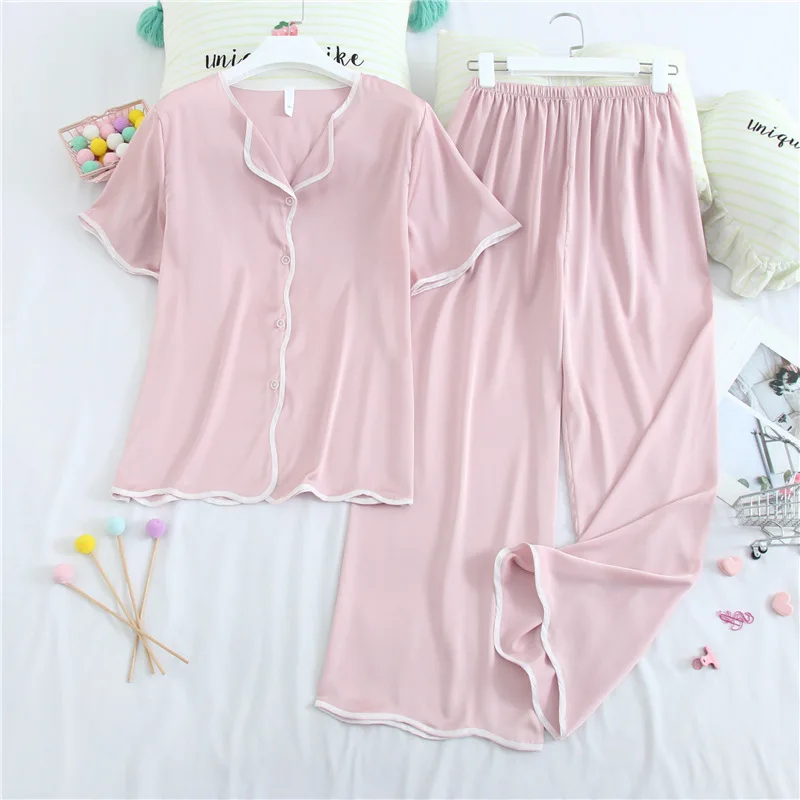 

Wmyqdlq Ladies Pyjamas Set New Pajamas Suit Female Sleepwear Home Service Spring And Autumn Ice Silk Short-Sleeved Thin Cardigan