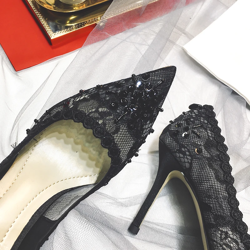 Женские кружевные туфли-лодочки вечерние туфли на высоком каблуке с острым