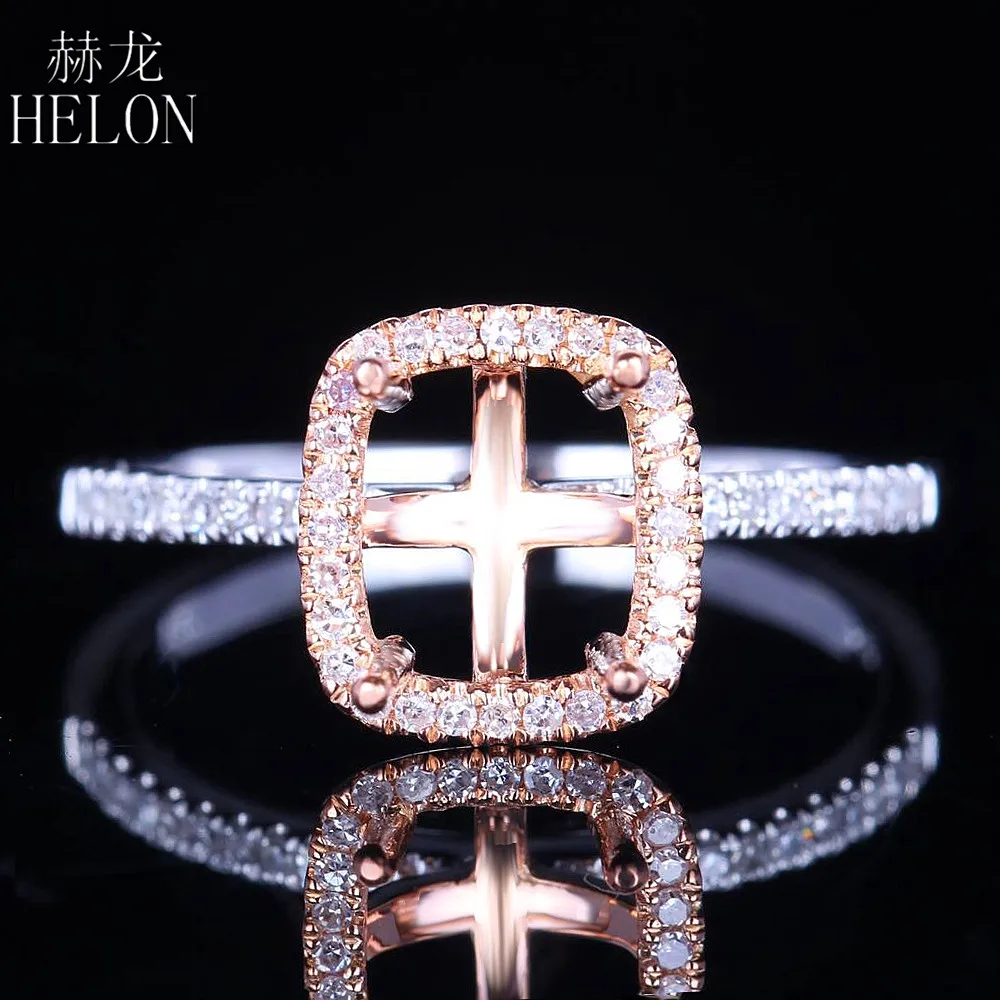 

HELON Cushion 7x6mm Solid 14K Two Tone Gold Pave Natural Diamond Semi Mount Engagement Wedding Ring Setting Women Fine Jewelry