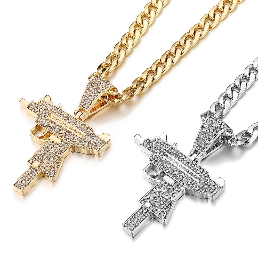 

Machinepistool Mode Cuba Ketting Hanger Mannen Iced Out Crystal Goud/Zilver Kleur Charm Ketting Hip Hop Sieraden Cubaanse