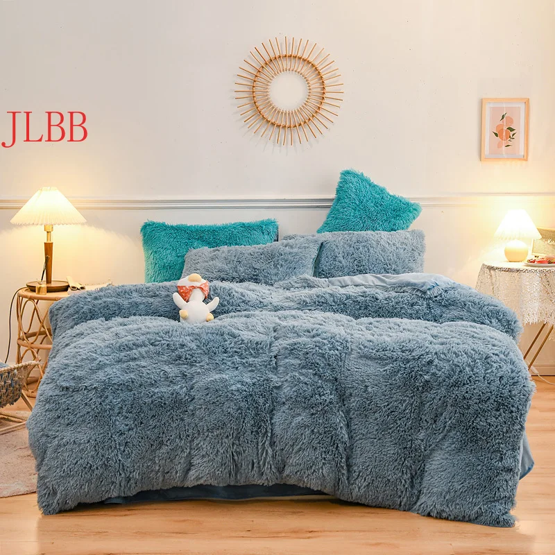 

Long Hair Bedding Set Drop Shipping For USA CA Mink Flannel Fleece Home Linens Blue Grey Camel Heart Cushion
