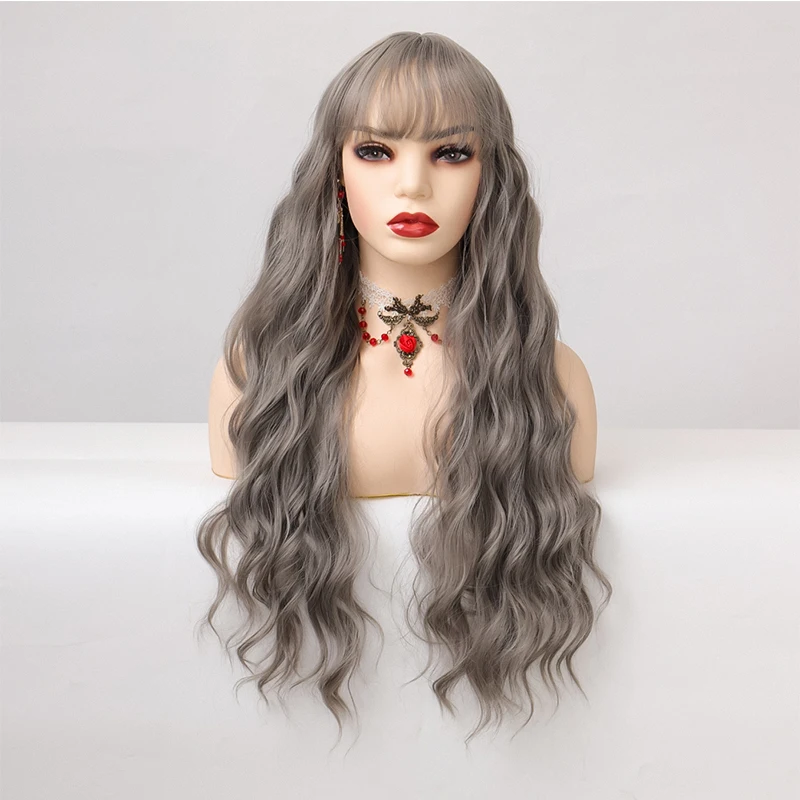 TALANG Long Wavy Synthetic Wigs with Bangs Ombre Granny Grey Cosplay Hair Wigs for Women African American Heat Resistant Fibre