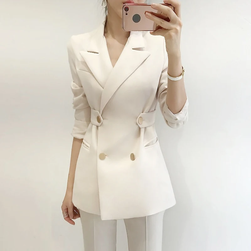 

Stylish Double-breasted Women Blazer Long Sleeve Notched Collar Solid Loose Suit Jacket Workwear Elegant Female Tops Coat 2021