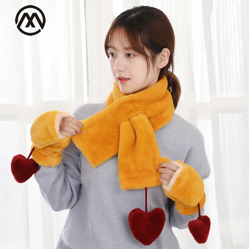 

Ladies Winter Warm Scarf And Gloves 2-piece Set For Women Velvet Love Scarf Soft 3D Heart Design Bib And Fingerless Gloves Set