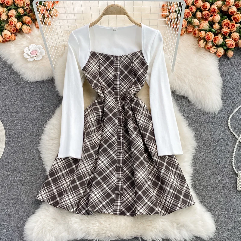 

Осень 2021, корейское Новое Стильное платье в клетку средней и длинной длины с квадратным воротником и воротником-стойкой