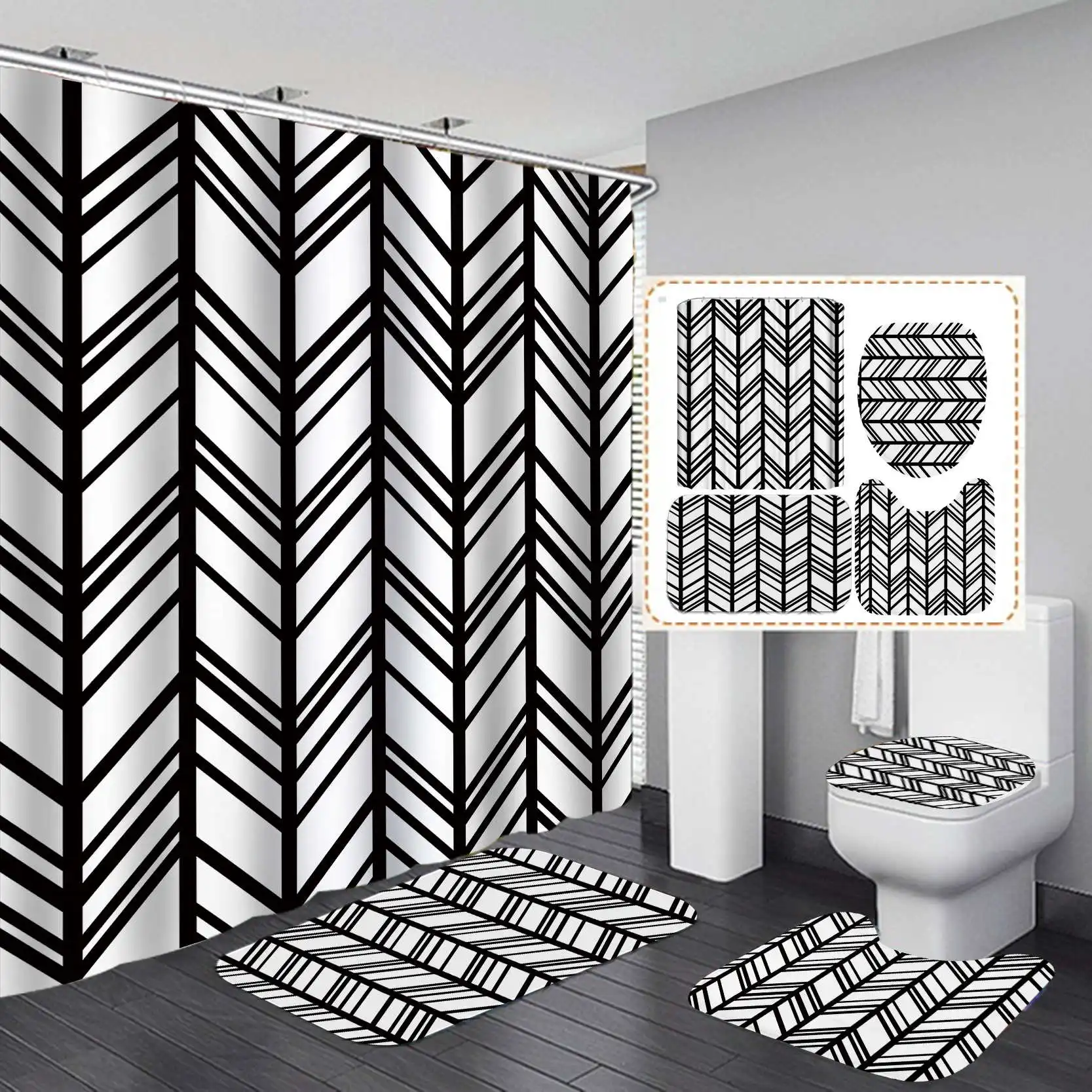 

Geometric thinking Print Shower Curtain 4 Piece Carpet Cover Toilet Cover Bath Mat Pad Set Bathroom Curtain with 12 Hooks