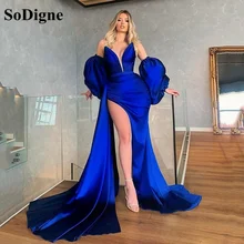 SoDigne vestido de sirena azul Roal para mujer, vestido de graduación satinado abertura larga plisado mangas abombadas, vestidos de noche largos formales (3)