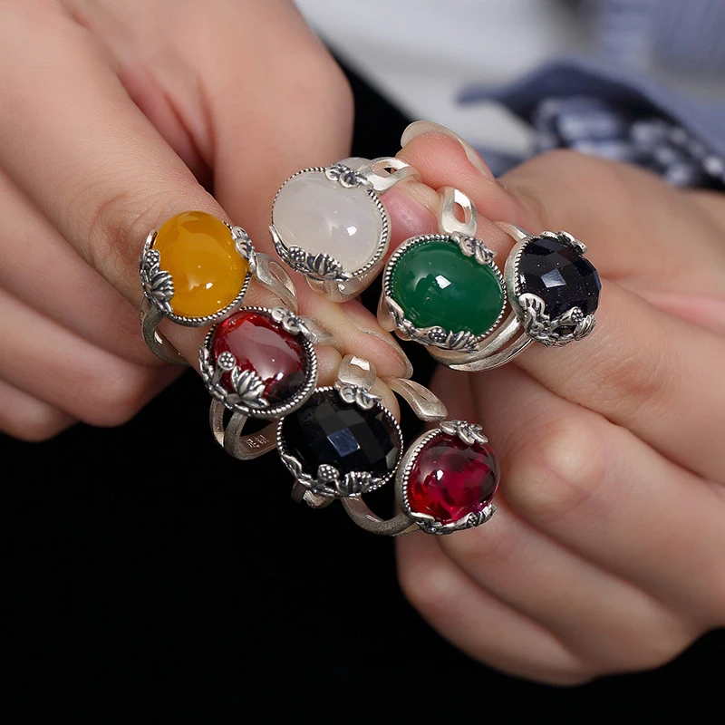 

Bague Ringen Sterling Silver 925 Jewelry Charms Ring for Women Natural Gemstone Garnet Ruby Obsidian Chalcedony Onyx Wholesale