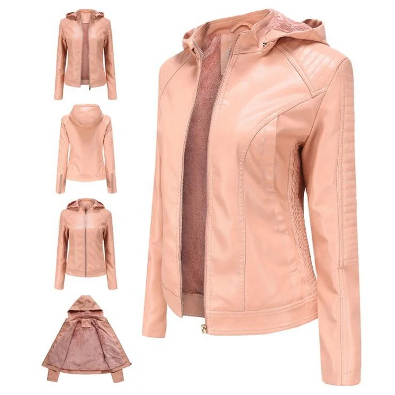 Special Offer Winter PU Leather Jacket Women Velvet Keep Warm Motorcycle Jacket Hooded Collar Fashion Leather Coat Female