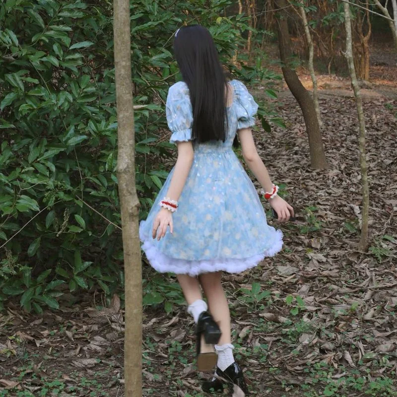 

2021 Print Sweet Kawaii Mini Dress Women Japanese Vintage Cute Blue Lace-up Dress French Princess Sequin Puff Sleeve Fairy Dress