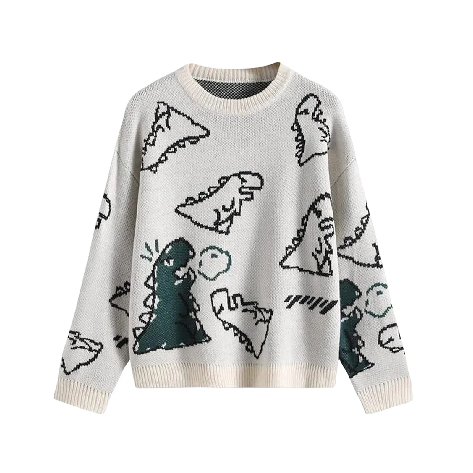 

Adults Valentine Hip Hop Ins loose Knitwear Sweaters Cartoon Dinosaur Print Round Neck Long Sleeve Tops for Spring Fall