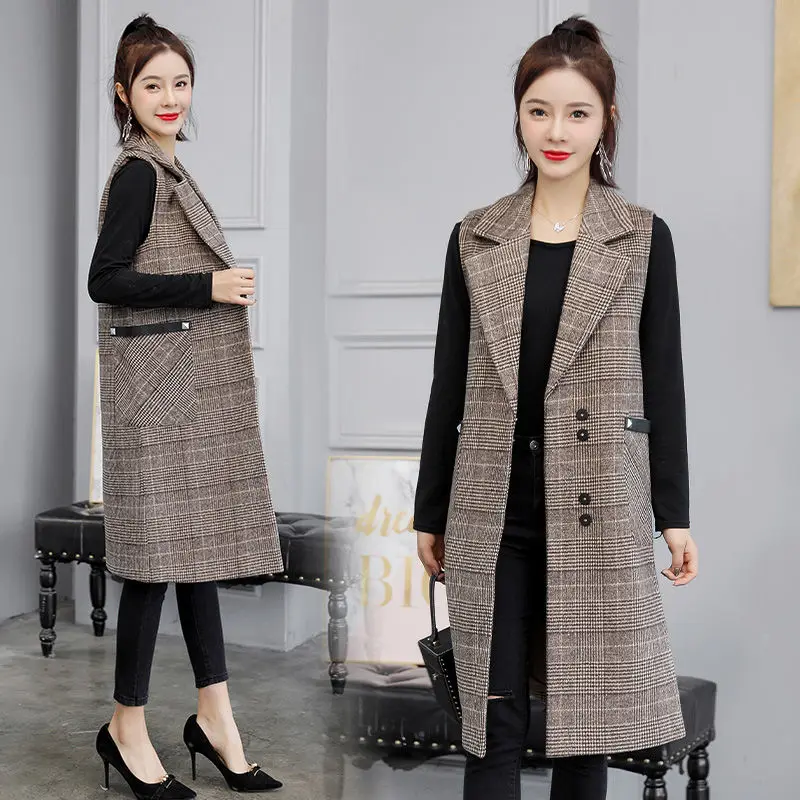 

2021 New Autumn Winter Women Elegant Sleeveless Vest Elegant Office Ladies Casual Plaid Loose Long Vest Female Waistcoat K18