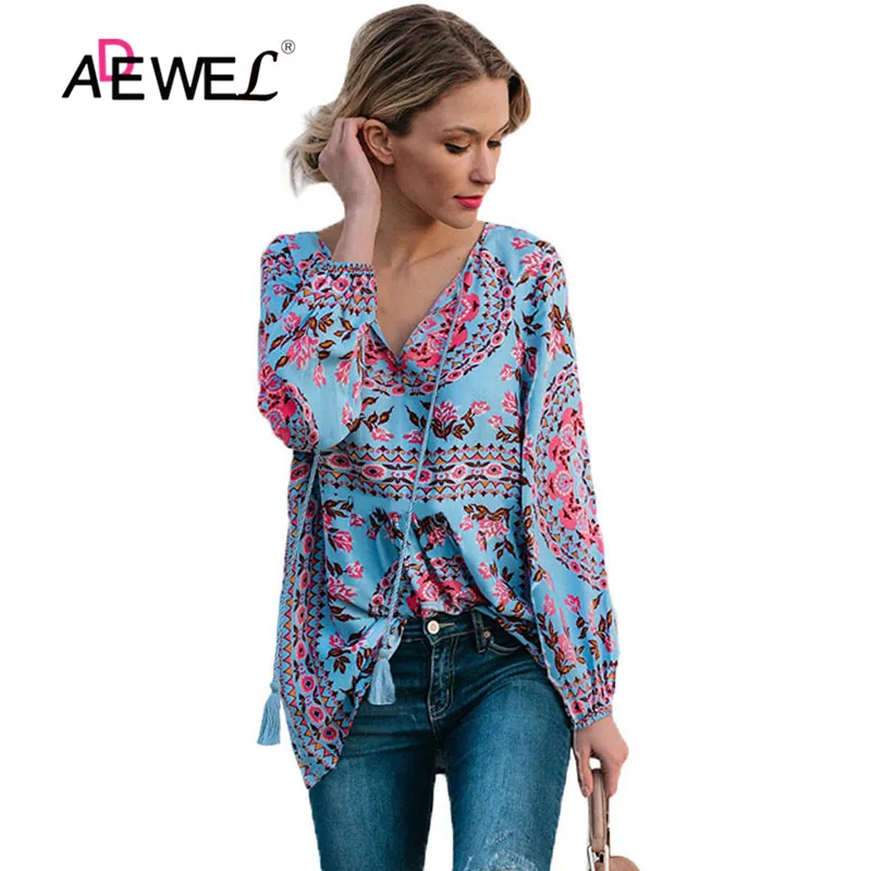 ADEWEL Autumn Spring Floral Print Peasant Blouse Women Casual Blouses Tops Split Neckline Long Sleeve Plus Size | Женская одежда