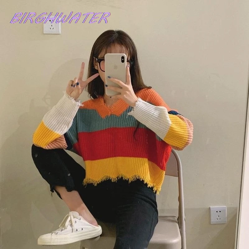 

Women Sweater Striped Panelled Simple Tassel V-neck Short Knitted Sweaters Korean Female Chic Loose All-match Trendy Pullover