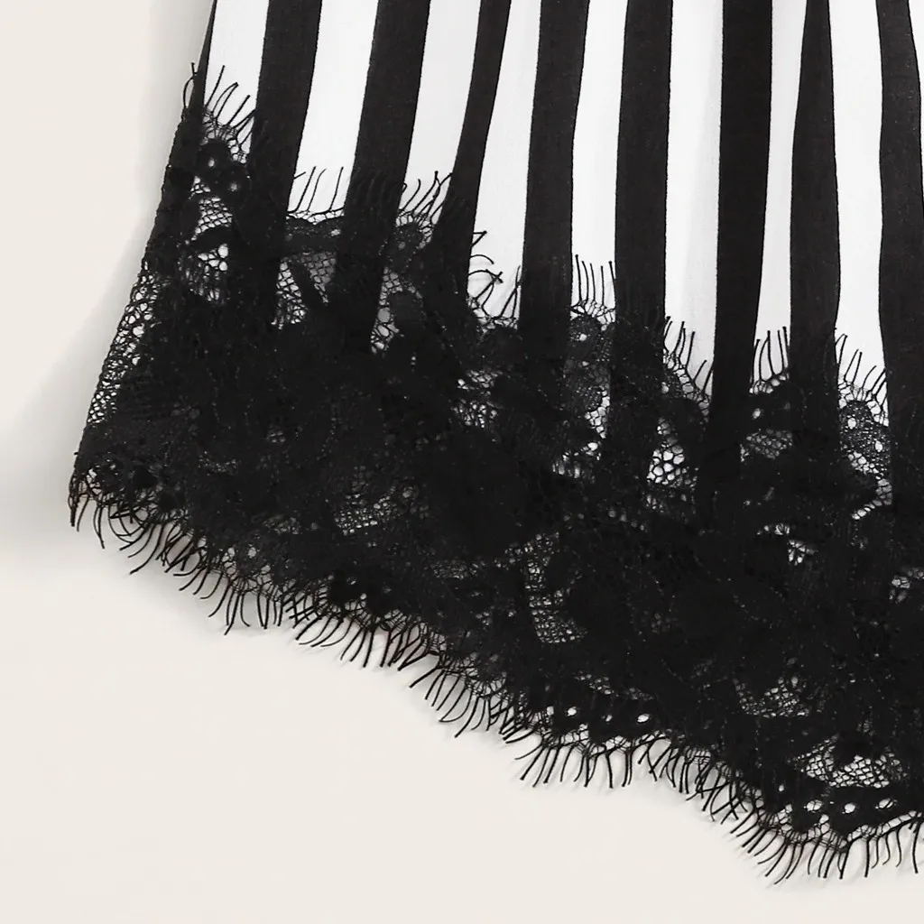 Women's Lace Pajama Set V-neck Satin Striped Silk Short Bowknot Camisole Underwear Lingerie Sling Strap Eyelash Sleepwear | Женская