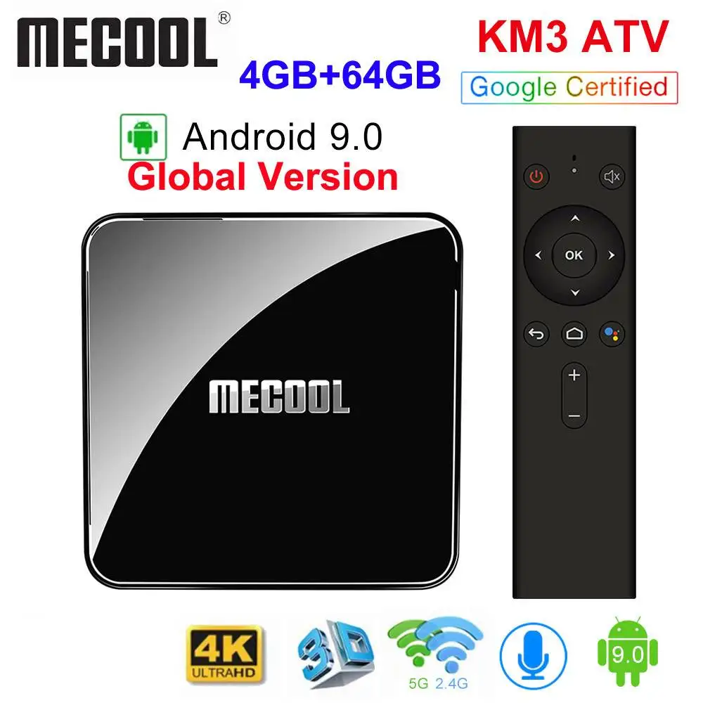ТВ приставка MECOOL KM3 A Android TV сертификат Google 9 0 4 ГБ 64 Amlogic S905X2 4K Двойной Wi Fi BT4.0 KM9 PRO Гб
