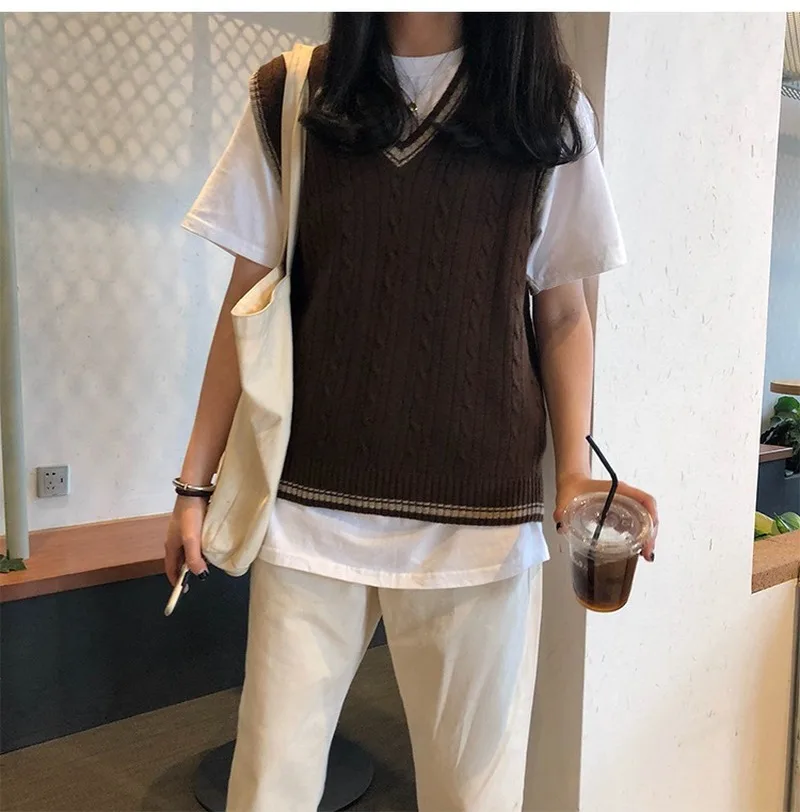 Korean Style V-neck Sweater 2022 Autumn and Winter Vest Solid Sleeveless Pullover Women Fashion Clothing All-match 10971 | Женская