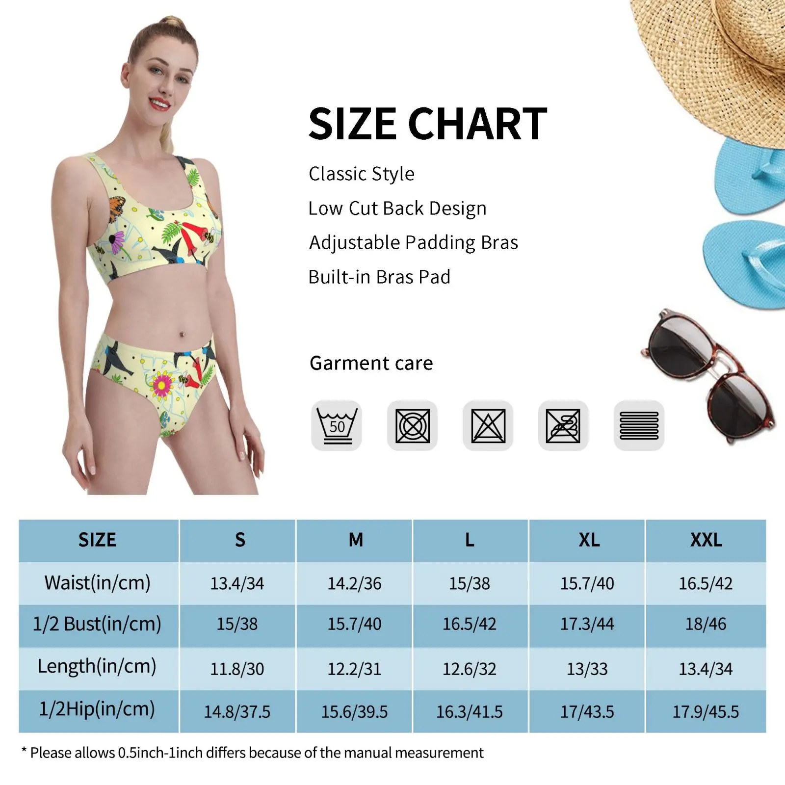 

Birds & Bees Swimsuit one piece Bikini Padded Birds Bees Hummingbirds Monarch Butterflies Flowers Pollinators Yellow Red