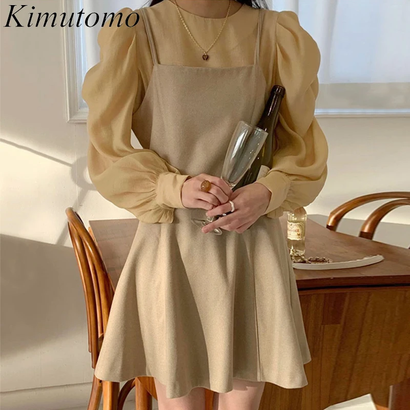 

Kimutomo, милый женский костюм, новинка весны 2022, шикарный модный однотонный костюм в стиле Instagram с круглым вырезом, свободная универсальная руб...