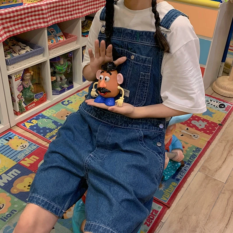 

RUIZIHAN Loose Denim Strap Pants Women's Korean Version Versatile Wide Leg Large Size 5-Point Suspender Pants Small Harem Pants