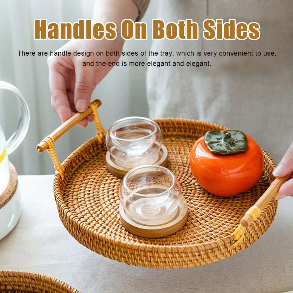 

Rattan Storage Tray, Round Basket with Handle, Hand-Woven, Rattan Tray Wicker Basket Bread Fruit Food Breakfast Display