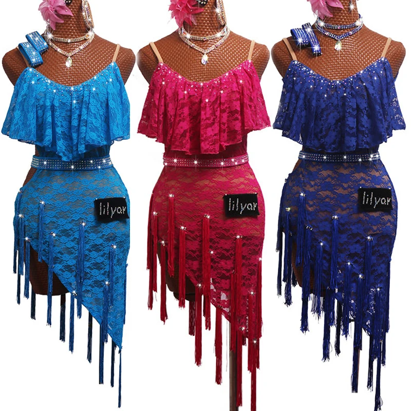 

New Kids Dresses For Girls Rose Red/blue Lace Dance Dress Flamengo 2020 Competition Wear Latin Dance Dress Women Costume BL2546