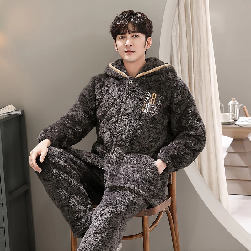 New Arrival With Hooded Quilted Pajama Sets Soft Men Sleepwear Winter Lounge Set Three Layer Coral Fleece Thick Quilted Jacket