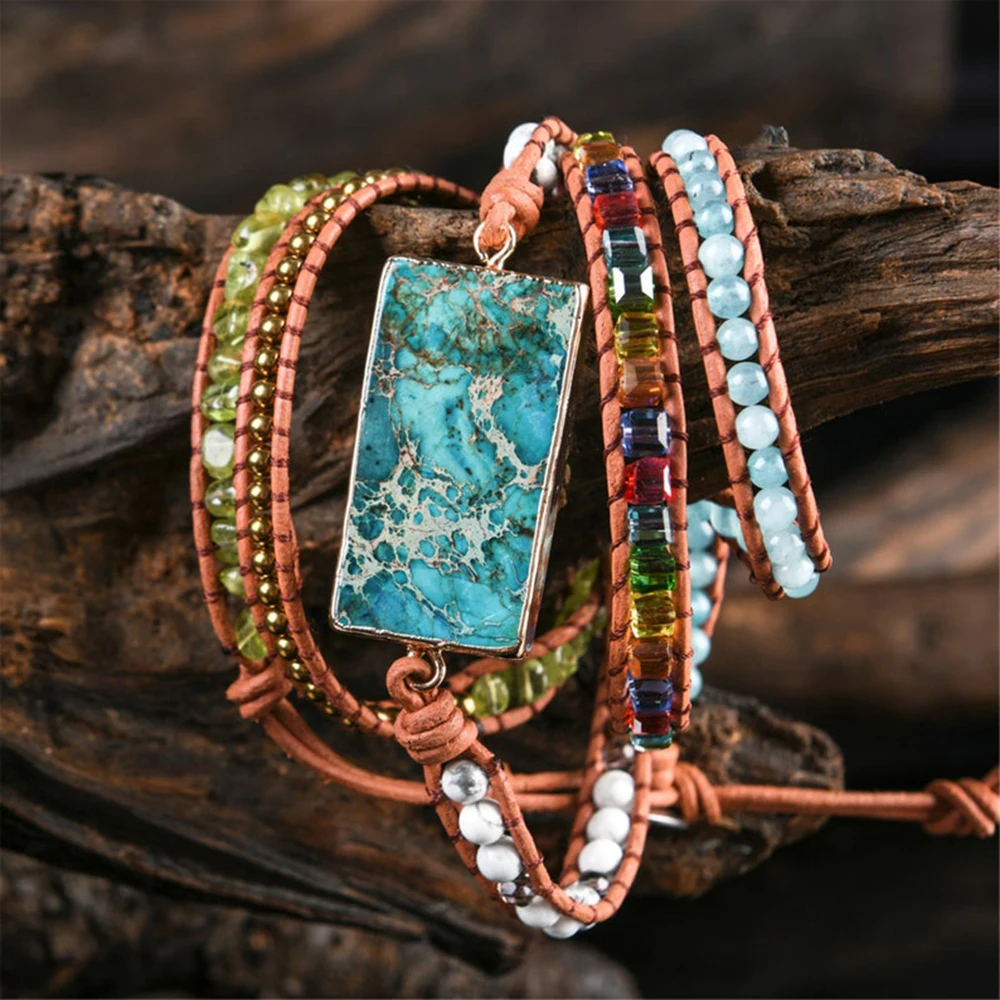 

Handmade Bracelet Natural Stone 5 Strands agate Wraps Boho Statement Women Men's Bohemia Jewelry Strap